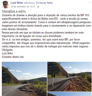 Empresrio usa redes sociais e alerta sobre as pssimas condies da rodovia BR101