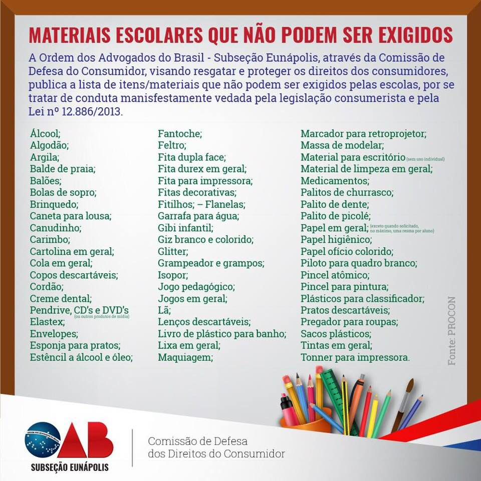 OAB divulga itens proibidos na lista de material escolar; confira