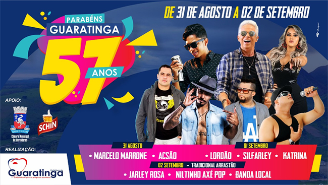 Aniversrio de Guaratinga ter shows de Lordo, Marcelo Marrone e Acso