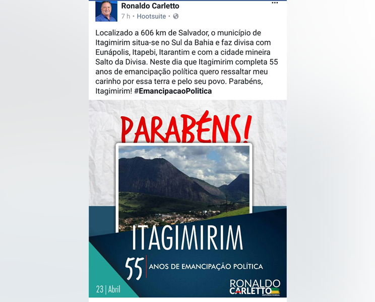  Foto usada na felicita��o da cidade de Itagimirim � da cidade de Guaratinga.