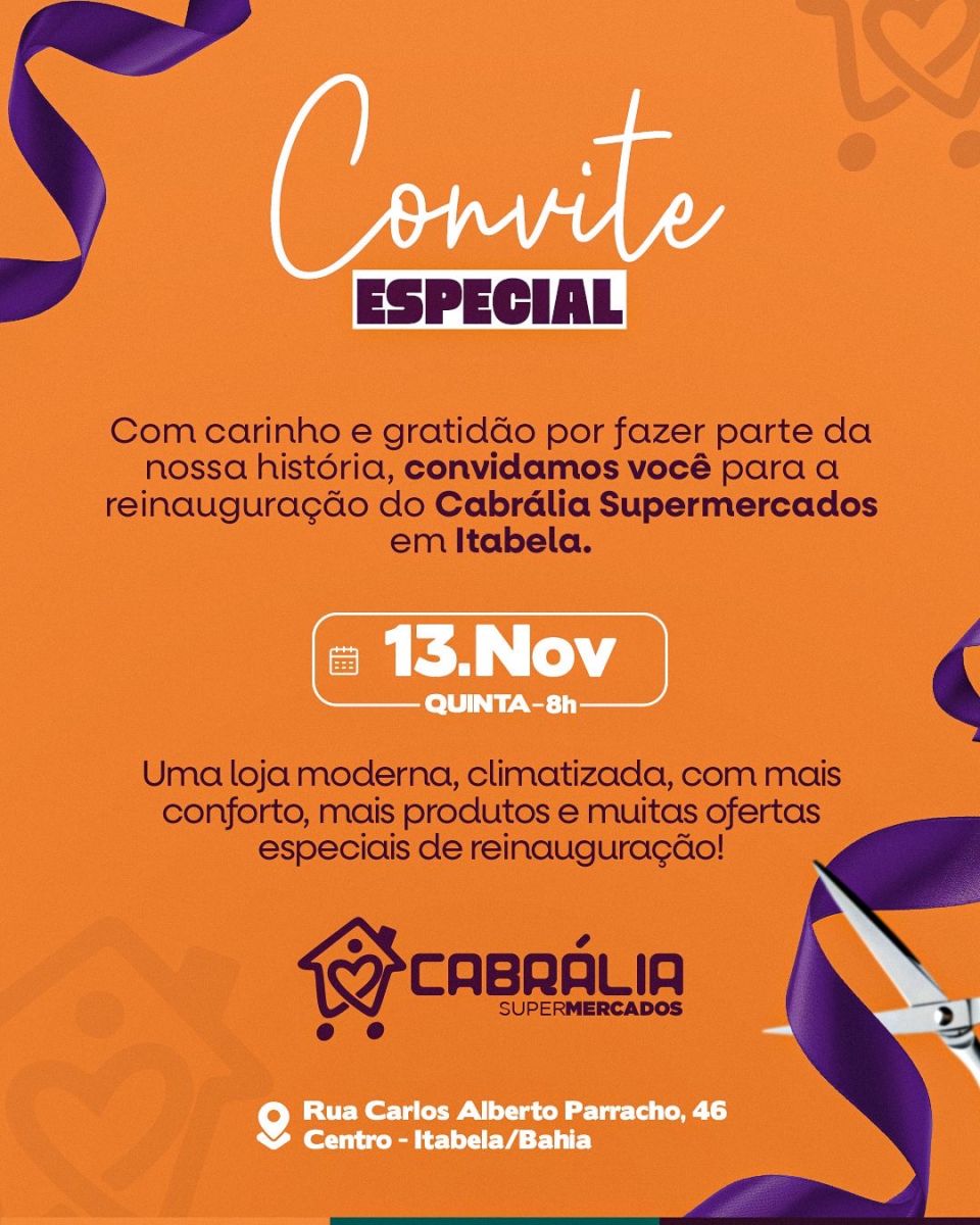 Cabrália Supermercados reinaugura loja em Itabela com nova estrutura, ofertas especiais e programação festiva. Cabrália Supermercados reinaugura loja em Itabela com nova estrutura, ofertas especiais e programação festiva.