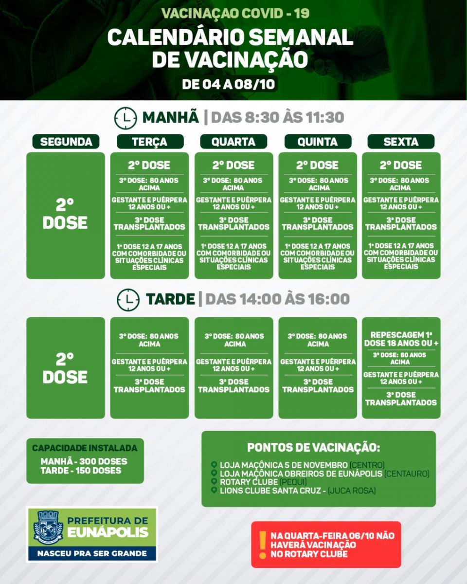 Cronograma semanal de vacinao contra a Covid-19 em Eunpolis